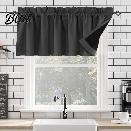 Solid Color Curtain Blackout Coating Modern Elegant Light Blocking Valance 2Pcs Black With Living Room