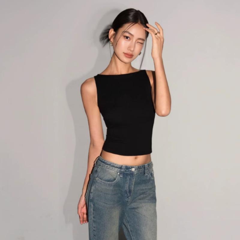 

Women Double Layer Boat Neck Soft Slinky Tank Top L білий