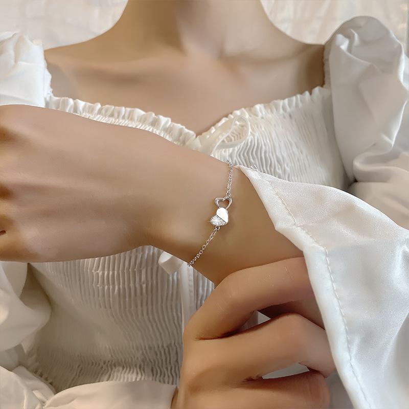 Flash Diamond Heart-To-Heart Bracelet Korean Personality Light Luxury Exquisite Fashion Two-Color Love Bracelet Valentine'S Day Gift