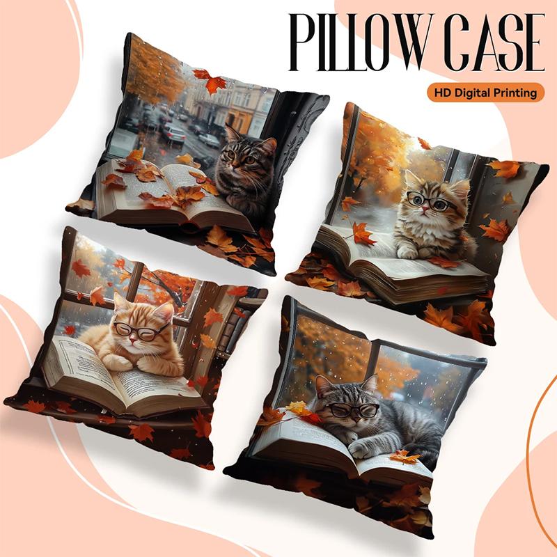Home Decor Cats By Window With Books And Autumn Leaves Pattern Cushion Cover Suitable For Sofa Bedroom Car Pillow Cover