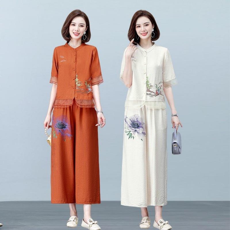 Mom's Summer Loose Short Sleeved Cotton Linen Two Piece Set Middle Aged Elderly Women's