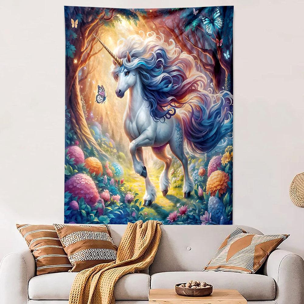 Enchanted Unicorn In Mystical Forest Patterned Tapestry Decorative Wall Hanging, Home Bedroom Living Room Decor