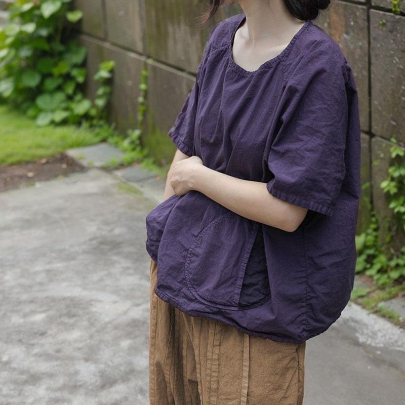 

Johnature Женские фиолетовые хлопковые футболки Винтажный пэчворк Карманы Круглый вырез Рукав до локтя Летние свободные мягкие футболки One Size фиолетовый