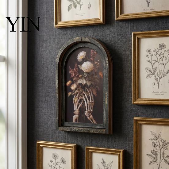 Hanging Halloween Decorations Arched Wooden Wall Decor, Ghost Cat Ornament, Distressed Gothic Medieval Style Window Frame Tabletop Decor Plaque,