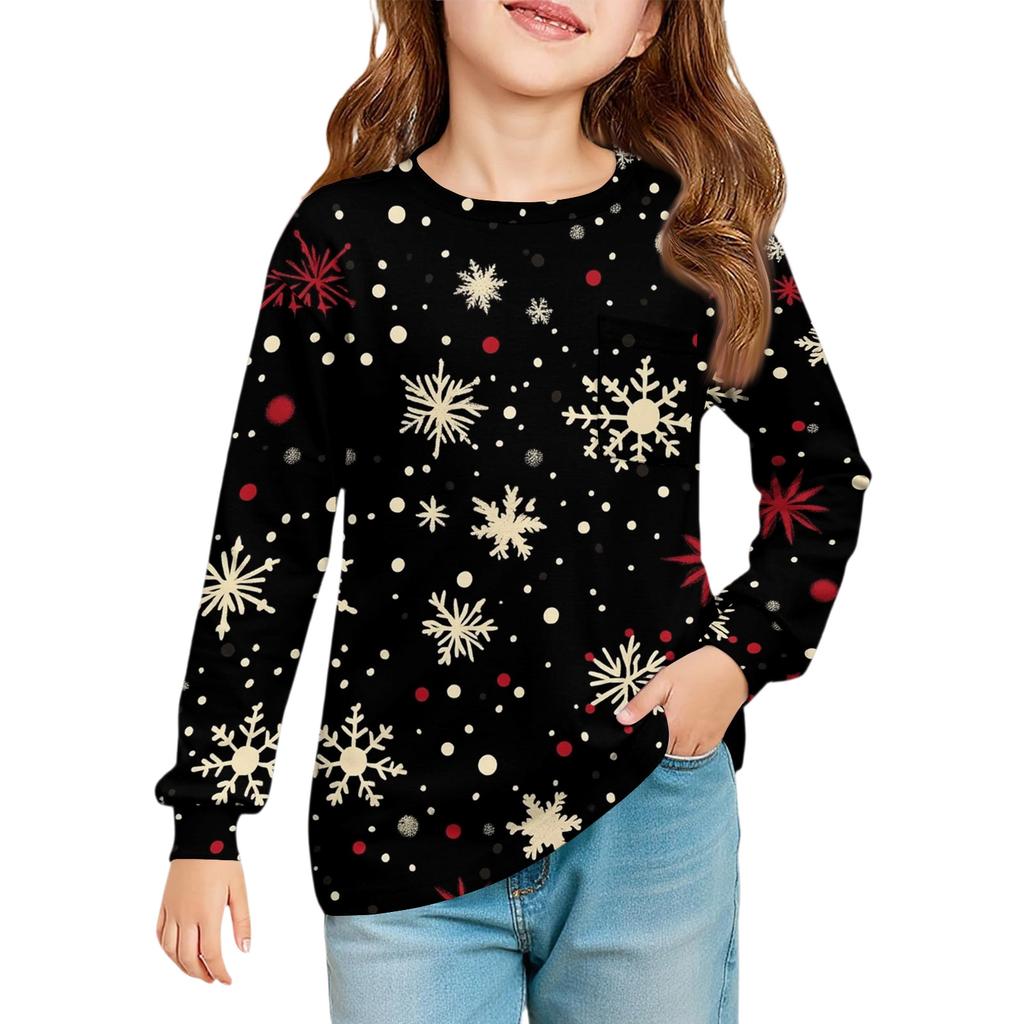 Christmas Day Girls' Long Sleeve Blouse - Round Neck Soft Waist Tunic