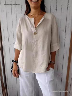 2026 Women's European & American V-neck Cotton Linen Button-up Loose T-shirt
