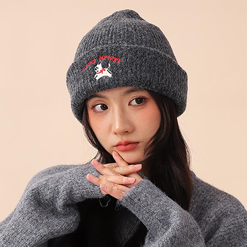 Korean version ins cute embroidered knitted hat puppy wool hat thickened warm hat female simple versatile show small face