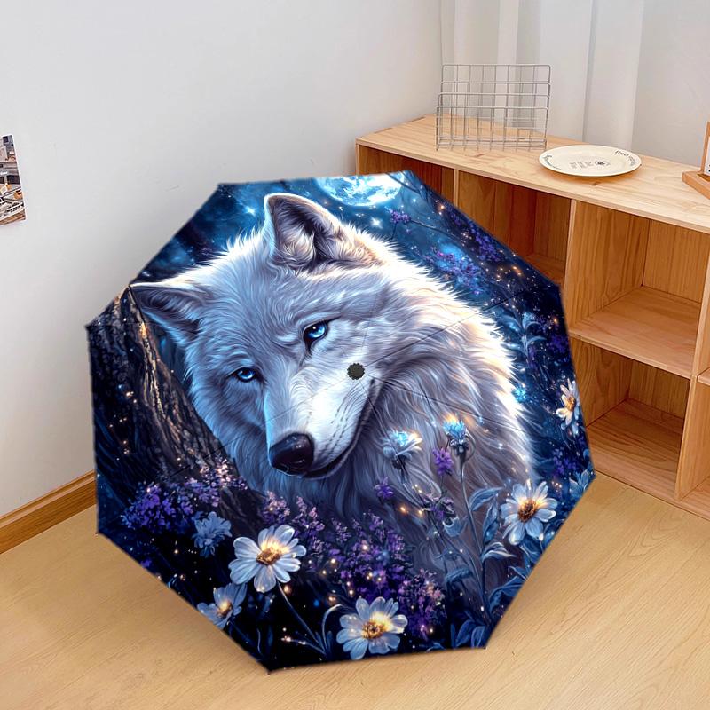 1 PC Automatic Folding Umbrella - Wolf In Moonlit Pattern, Portable & Foldable Design with 8 Ribs, Christmas Birthday Gifts
