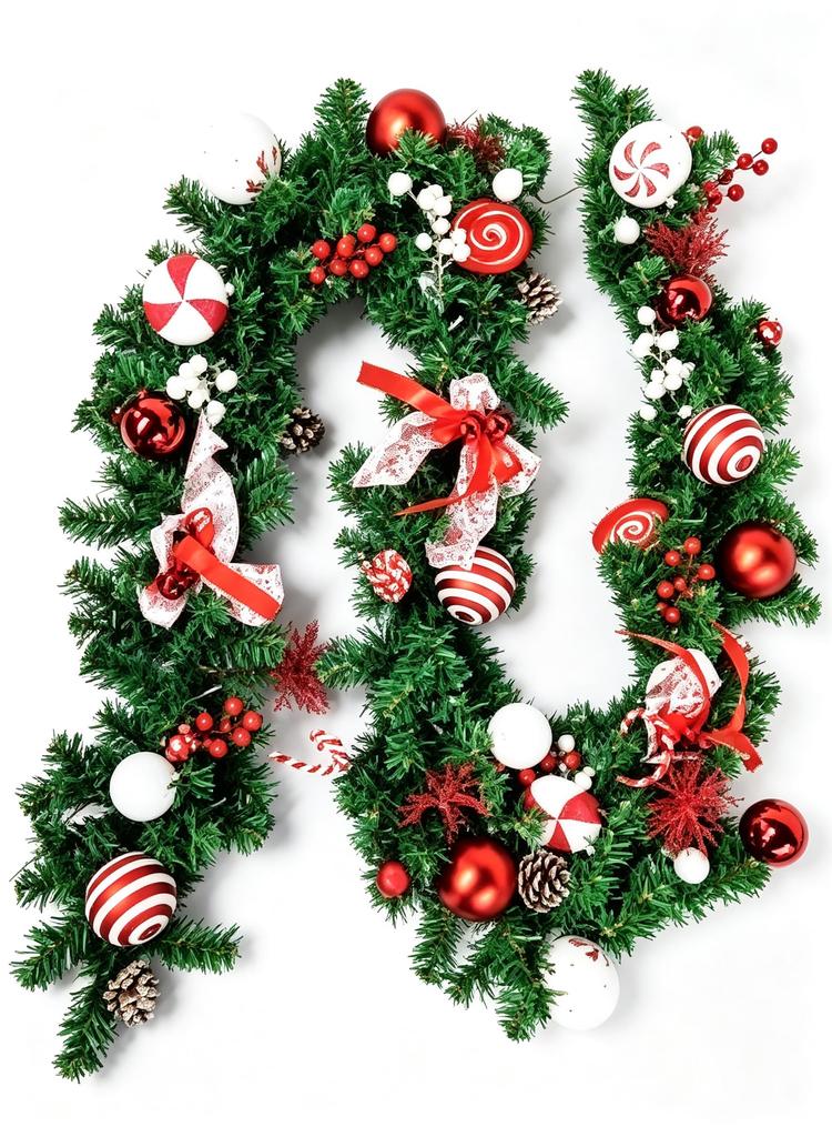 Red Candy Cane Christmas Garland Wreath - PVC Pine Needles with Pinecone Accents - Moon-Shaped Hanging Decor for Door Wall Window