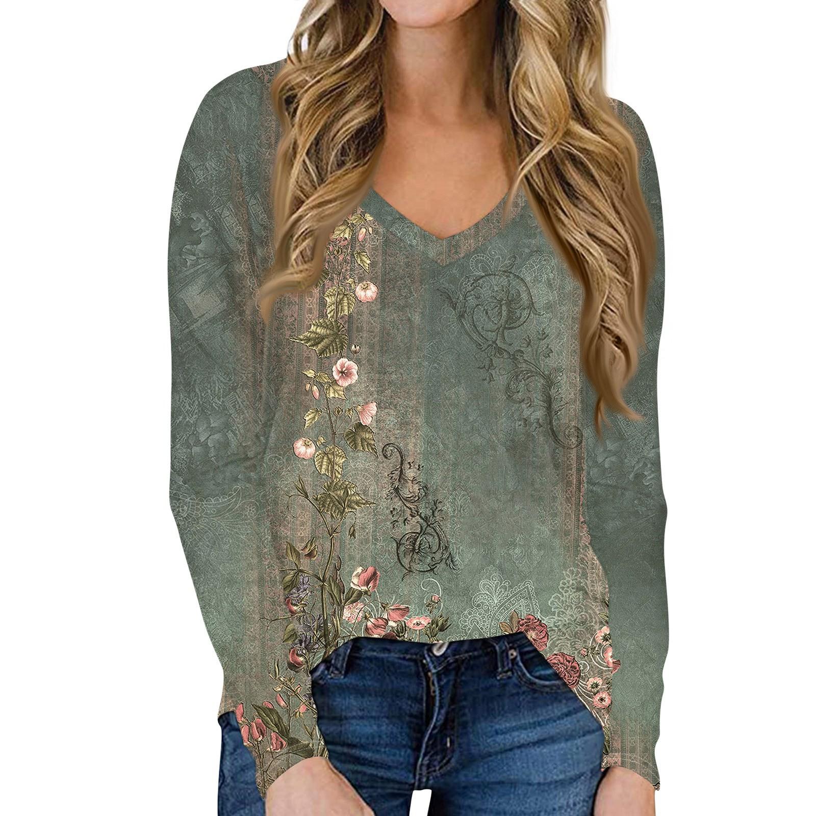 

Женская повседневная футболка с длинными рукавами и V-образным вырезом, топ, пуловер XL зелёный