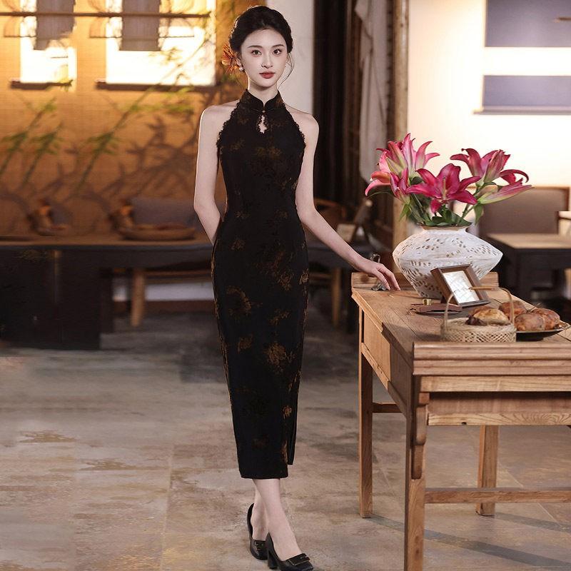 Black Sleeveless High-Neck Chinese-Inspired Long Cheongsam Dress Women 2026 Elegant Party Gown Small