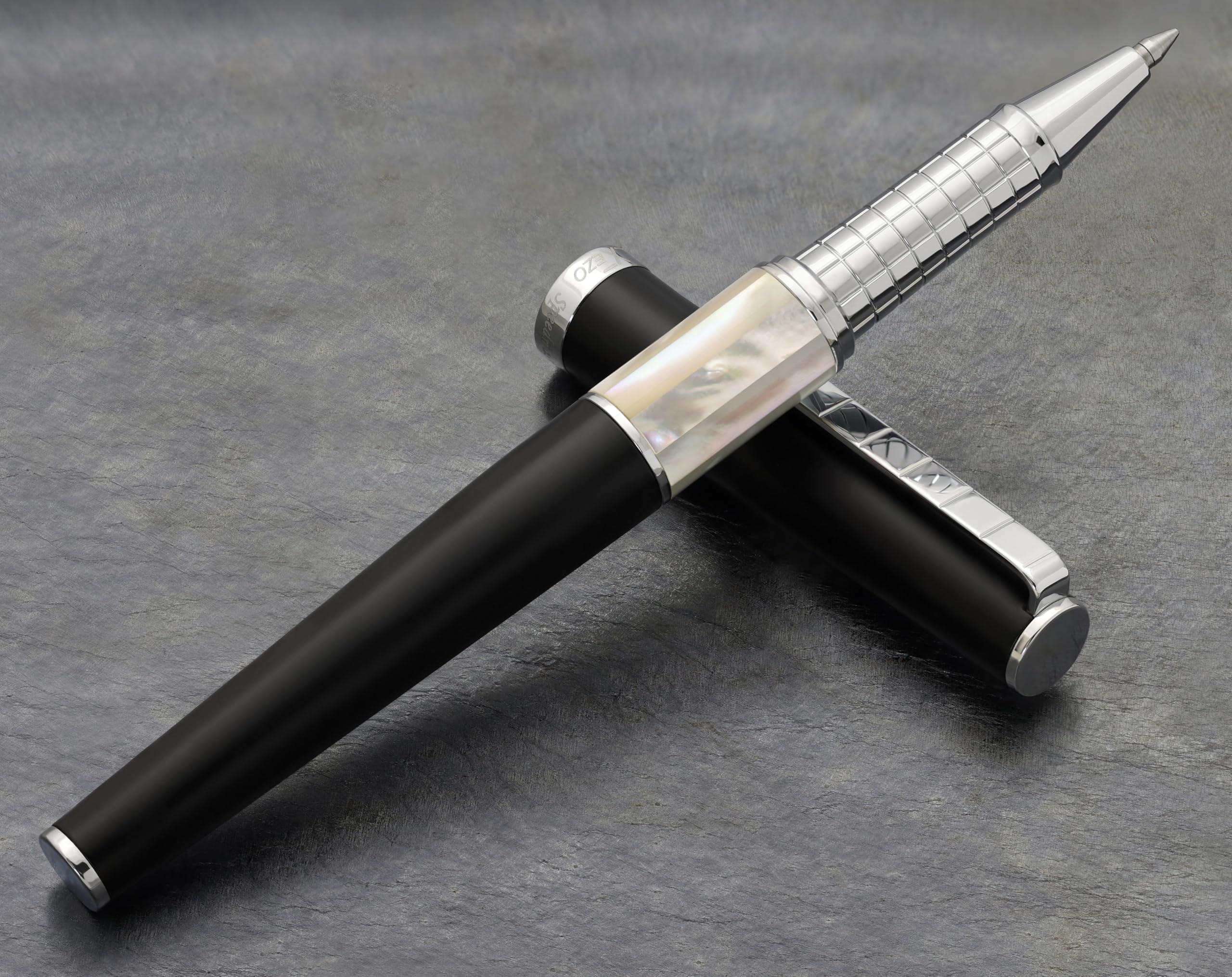 

Xezo Speed Master fine rollerball Available in matte black and white Chrome Lightweight brass Each one is pen. mother-of-pearl. plated. body. unique.