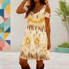 Women Plus Size V Neck Cold Shoulder Abstract Printed Short Sleeve Curved Hem Dress