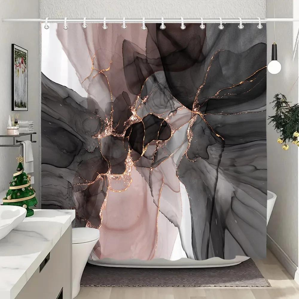Blue Gold Textured Marble Shower Curtain Black White Natural Art Pattern Polyester Fabric Washable Shower Curtain Bathroom Dec
