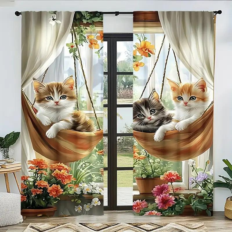 2PCS- Charming Cat and Flower Print Curtains, Pole Bag Curtains, Bedroom and Living Room, Home Decoration, Room Decoration