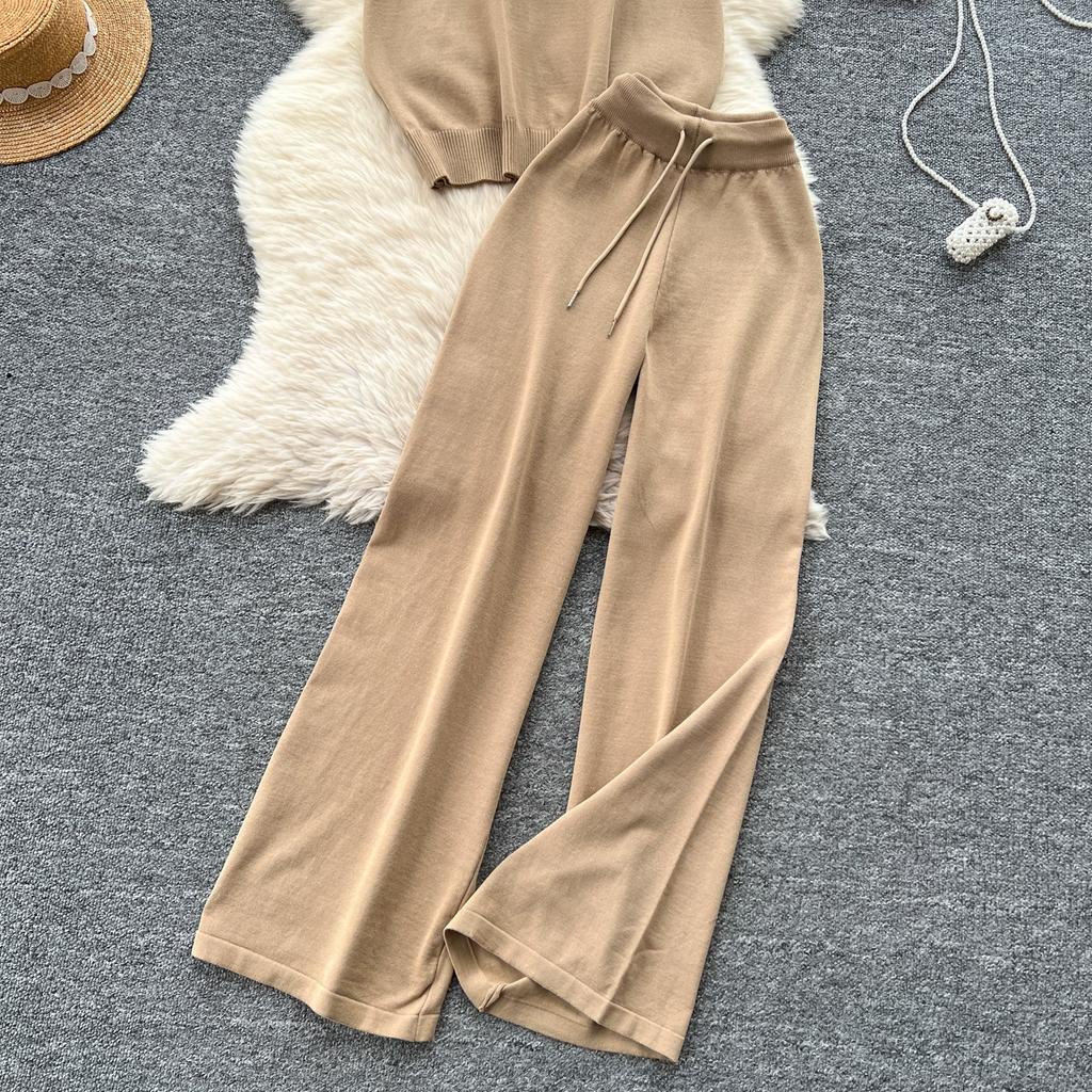 Sommer Damen Strickpullover Hose Zweiteiliges Bekleidungsset Kurzarm Rundhals Gestreifter Pullover Tops und Weitbeinige Hosenanzug