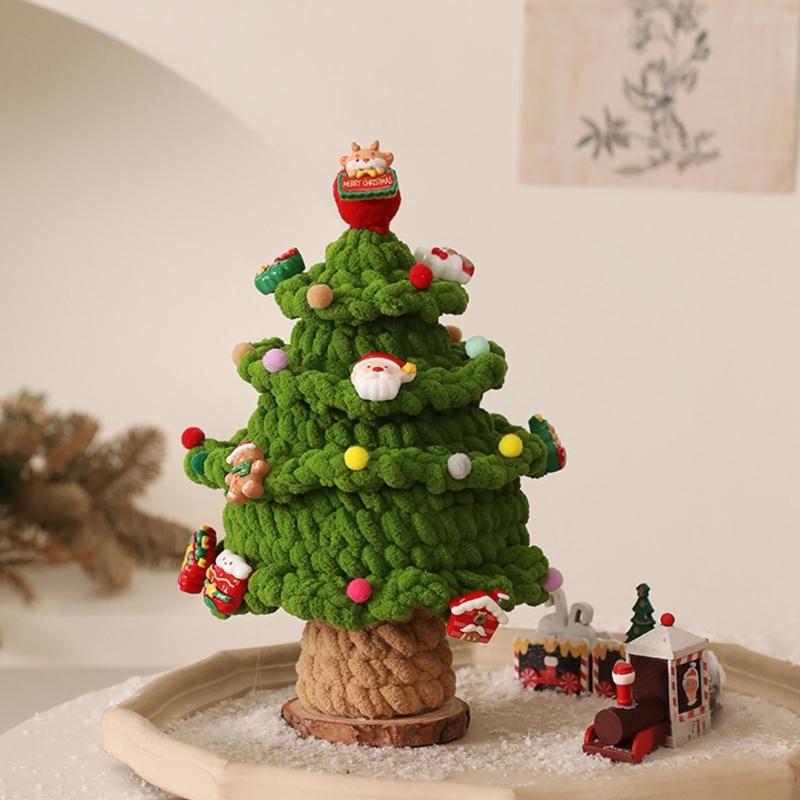 Crafted Holiday Knitted Christmas Tree Wooden Base Ornament Featuring Holiday Accents For Desktop Decoration