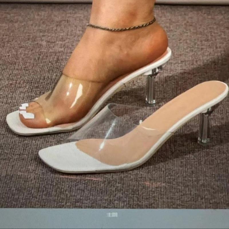 

Прозрачные ПВХ шлепанцы на высоком каблуке больших размеров, женские шлепанцы на тонком каблуке с квадратным носком, повседневная обувь, удобная посадка для домашнего использования 42 белый