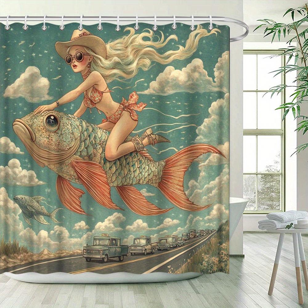 Surreal Art Shower Curtain -Woman Riding Fish, Red Bikini, Vintage Cars, Shark, Vibrant Fantasy Scene, Water-Resistant Polyester