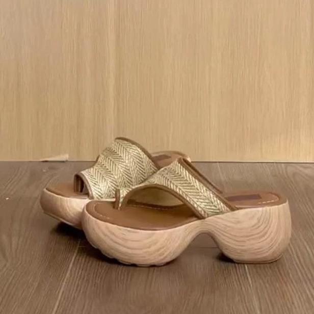 Soft leather version~ New holiday style woven soft-soled Roman toe slippers women's summer thick-soled outer wear new sandals