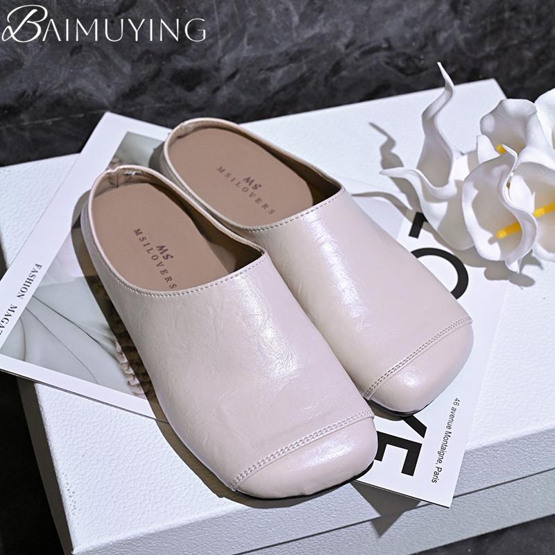 Fashion Women Slippers Square Toe Mules Flats Sandals Loafers Shoes 2025 Trend Summer Casual Shoes Comfort Soft Leather Zapatillas Mujer