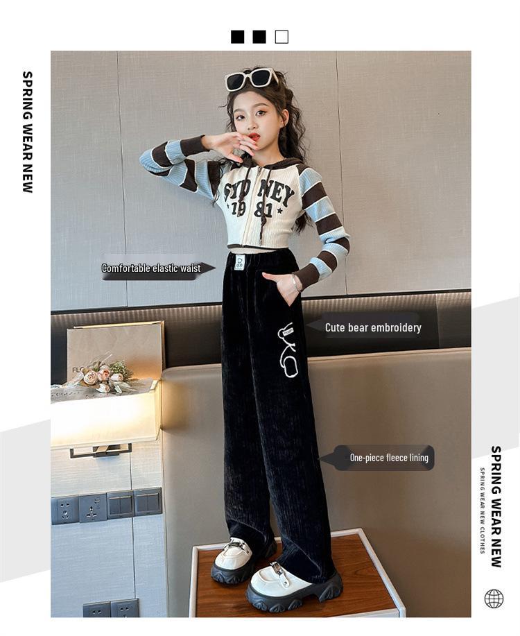 Girls' Fleece-Lined Cartoon Bear Wide-Leg Pants for Autumn/Winter