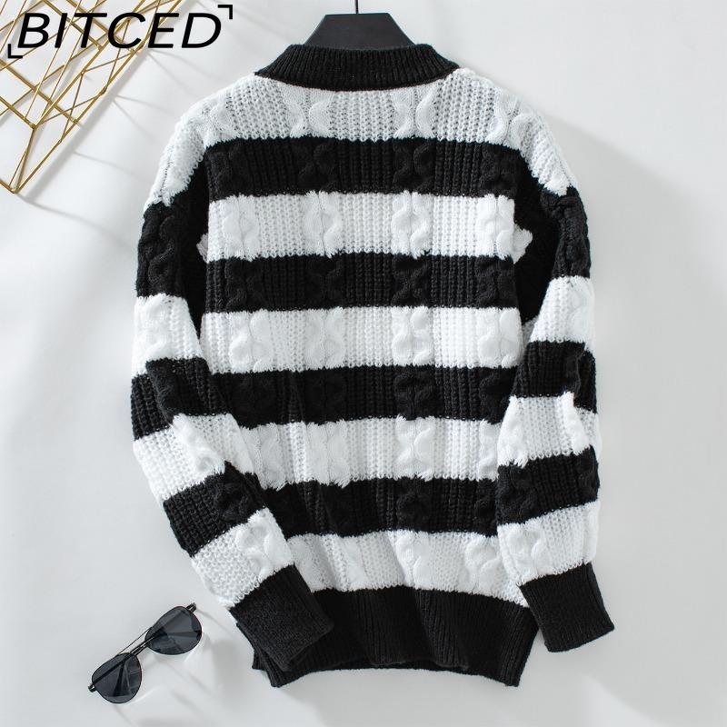 BITCED Striped Sweater for Women - Autumn/Winter Vintage Oversized O-Neck Cable-Knit Top