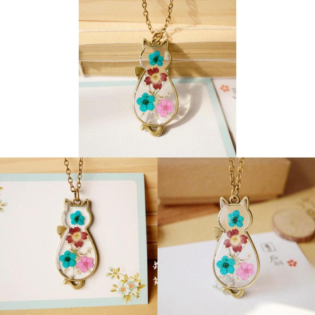 Collana con Ciondolo Gatto Fiori Secchi Naturali Fatto a Mano per Accessori Casual da Donna