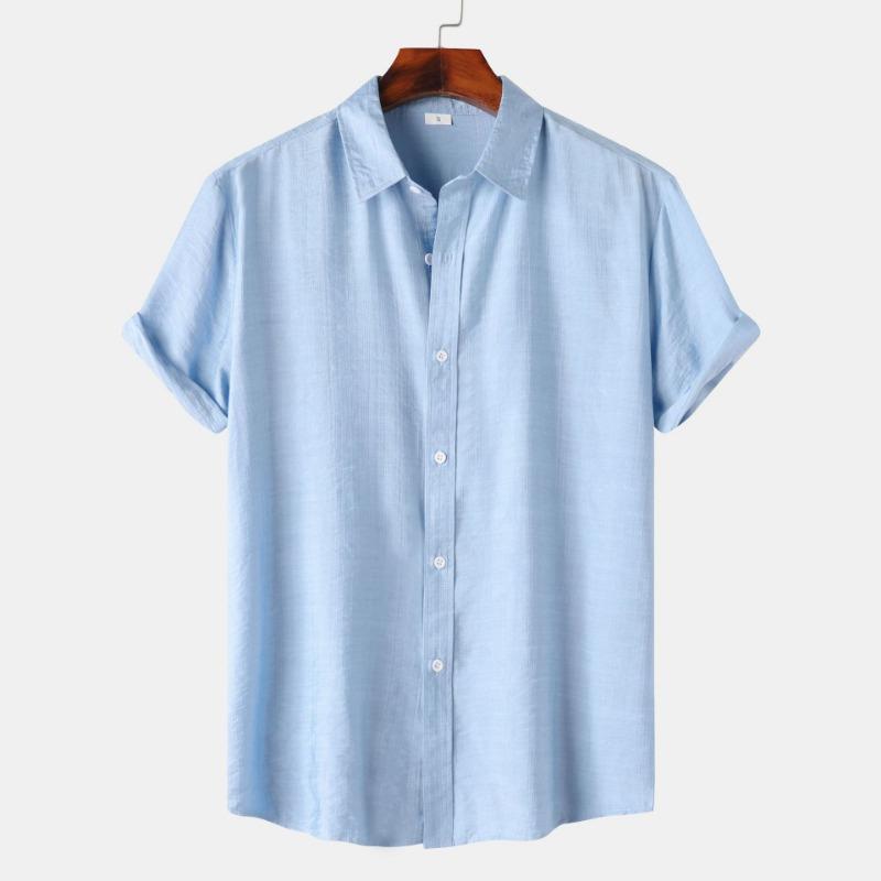Men Solid Color Linen Short Sleeve Shirt Loose Casual Summer Button Up Top