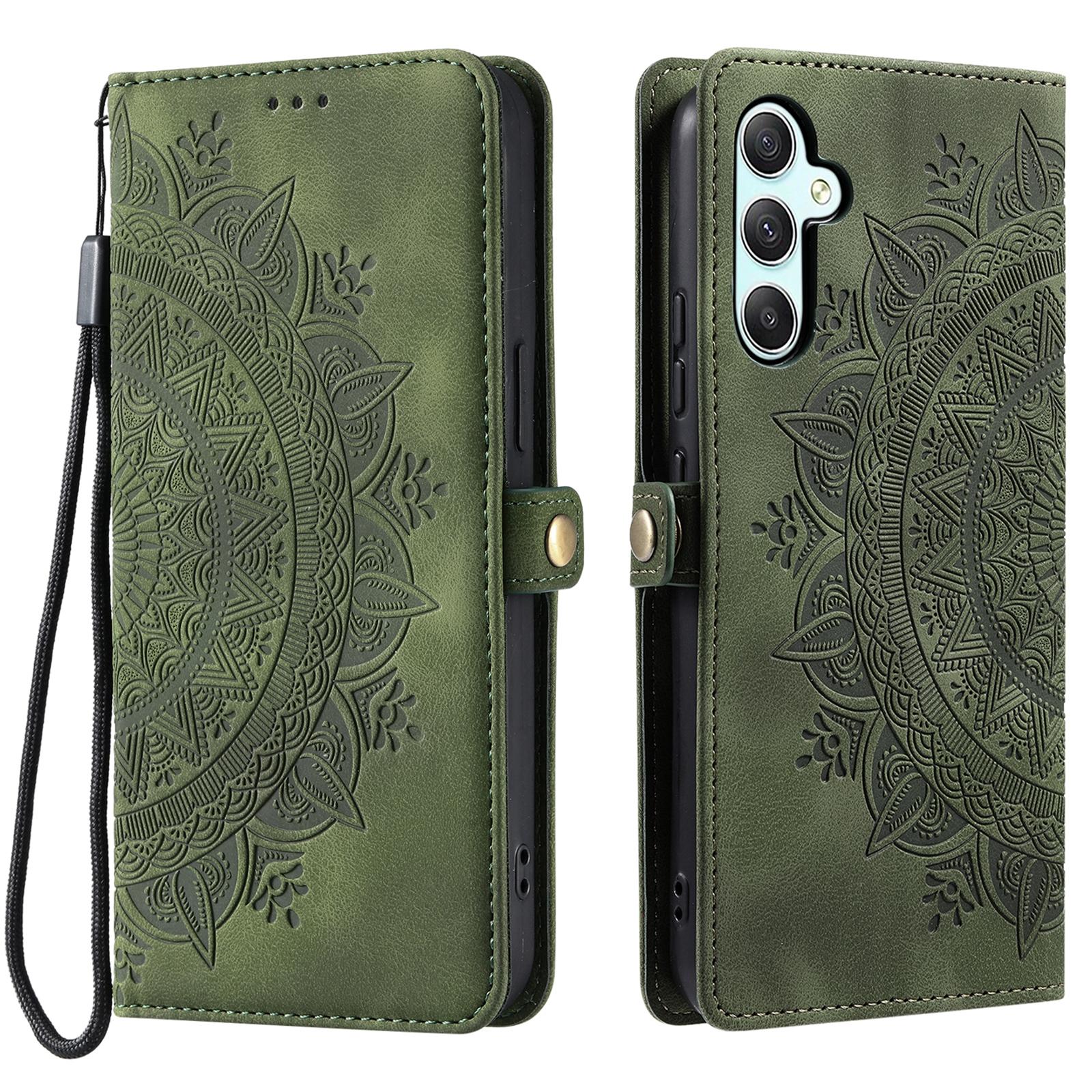 

Style 016 For Samsung Galaxy S24 Case Skin Feel Totem Imprinted Wallet Leather Phone Cover Blackish Green