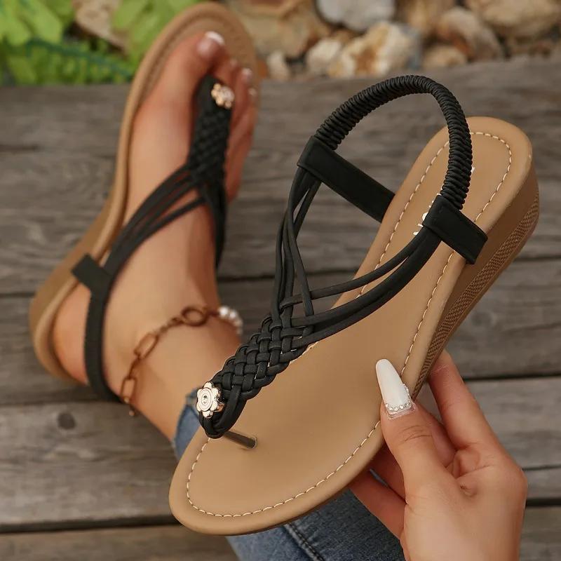 2025 Plus Size Summer Women's Thong Sandals Outdoor Narrow Band Weave Elastic Band Wedges Sandals for Casual Daily Rome Shoes