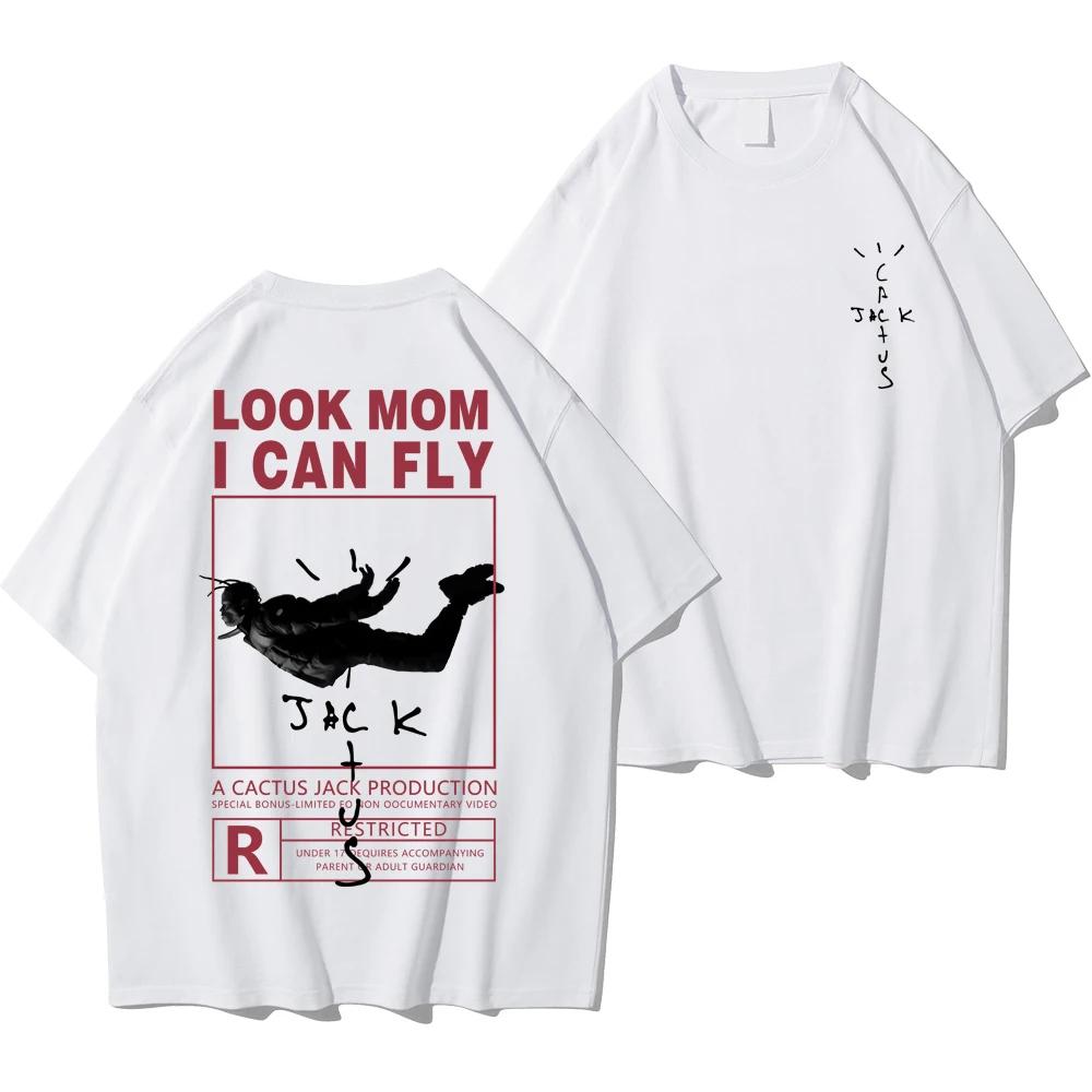 HOT SALE Street CactusJack Tshirt Cotton Unisex Women LOOK MOM I CAN FLY Tee ASTROWORLD Hip Hop Short Sleeve Tshirts 80390 S
