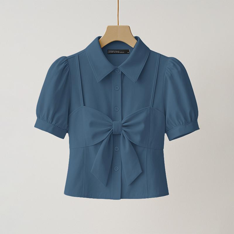 ZANZEA Women Turn Down Collar Summer Short Sleeve Blouse