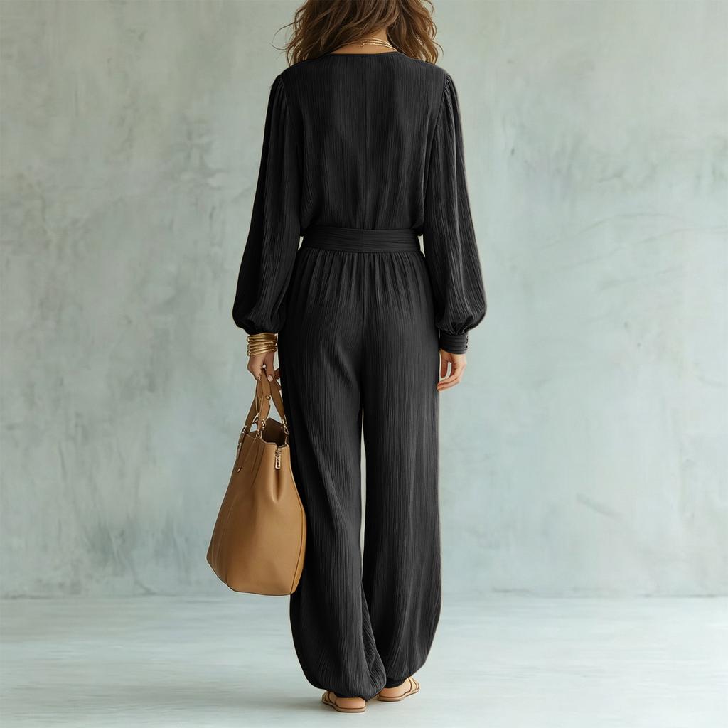 Tuta da donna con scollo a V, maniche lunghe, volant, vita alta, cintura da annodare, caviglie con polsini, per uso casual quotidiano