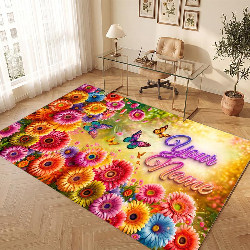 Floral Garden Theme Soft Crystal Velvet Rug Custom Name & Text Print Non Slip Floor Rug for Bedroom Living Room