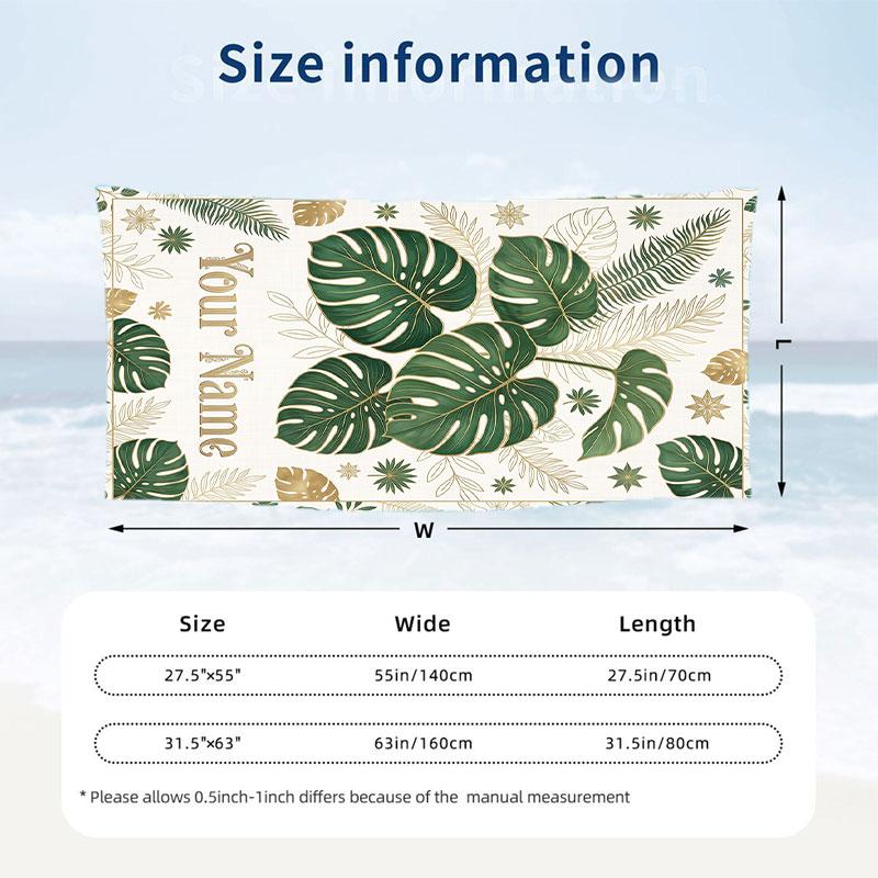 Tropical Leaves Elegance Theme Quick Dry Beach Towel Custom Name Text Print Large Sand Resistant Towel Beach Vacation