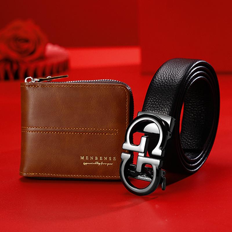 First Layer Cowhide Men'S Belt Wallet Gift Box Automatic Buckle Belt Wallet Combination High-End Gift Set