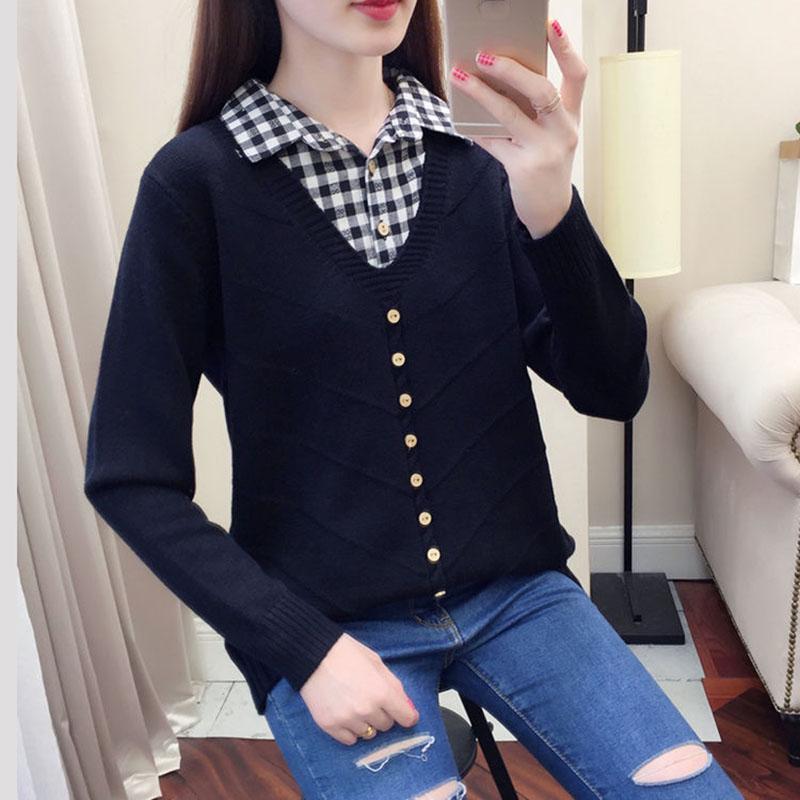 plain lapel patchwork winter loose sweater