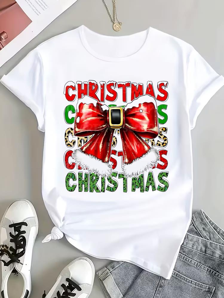 (Asian Size) Style Cute Tee Top Print Christmas New Year Clothing T Shirt Women Fashion Festival Female Woman Short Sleeve Graphic T-shirts