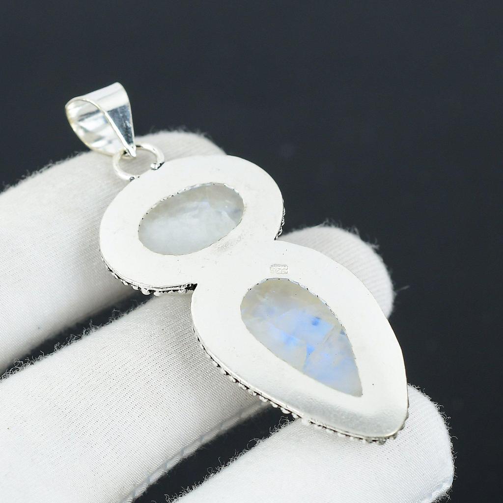 Natürlicher Mondstein Edelstein Handgefertigt 925 Sterling Silber Schmuck Anhänger, Doppelsteinanhänger, Weihnachtsgeschenk für Sie Schmuck für besondere Anlässe