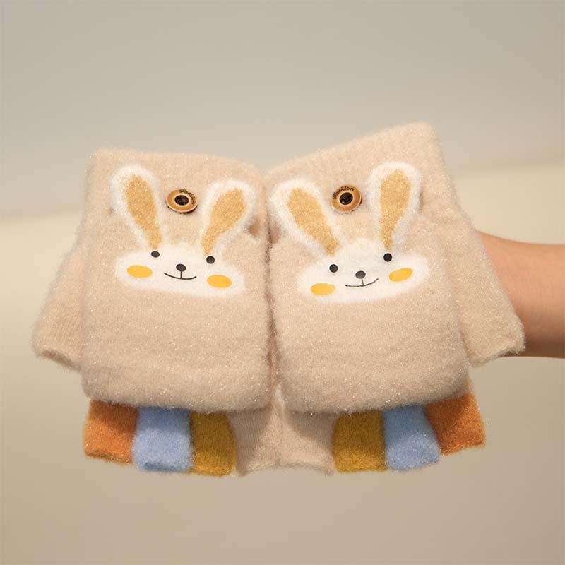 Children's Gloves Boys and Girls Autumn and Winter Flip Open Finger Dual-purpose Thickened Cute Rabbit Cartoon Half Finger Warm Gloves