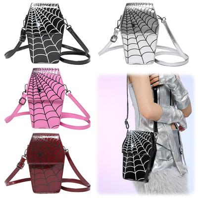 Gothic Coffin Shape Shoulder Bag for Women Spider Web Crossbody Bag PU Leather Adjustable Strap Hobo Bag for Halloween Cosplay