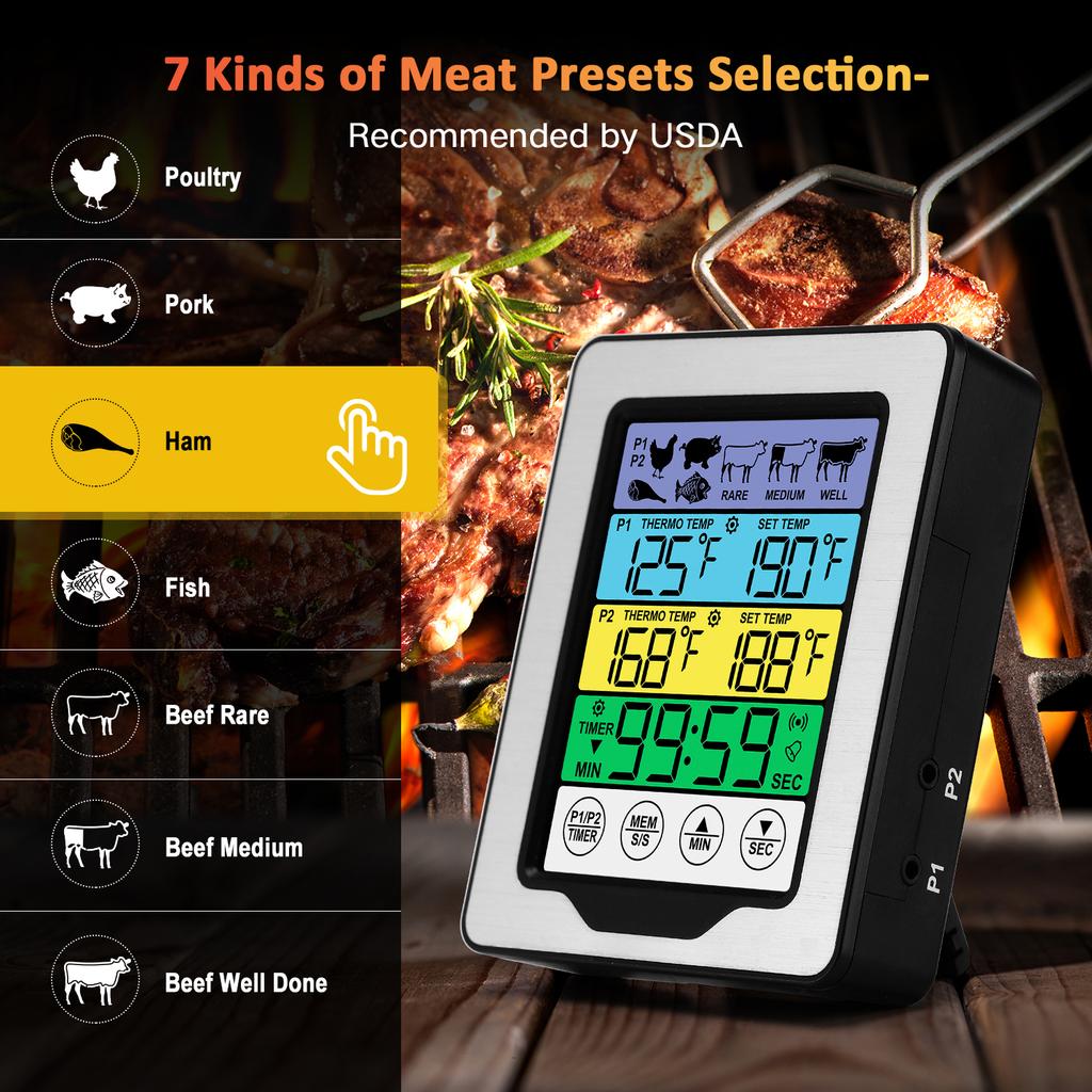 Color Touch Screen Digital Food Temperature Gauge Cooking Meat Thermometer with Dual Temperature Probe, Digital Oven