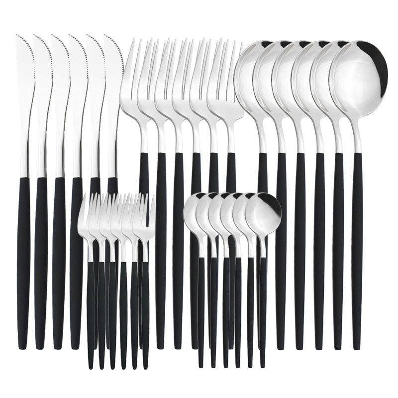 30Pcs Matte Gold Black Handle Tableware Set Stainless Steel Dinnerware Knife Fork Spoon Western Flatware Wedding Cutlery Set
