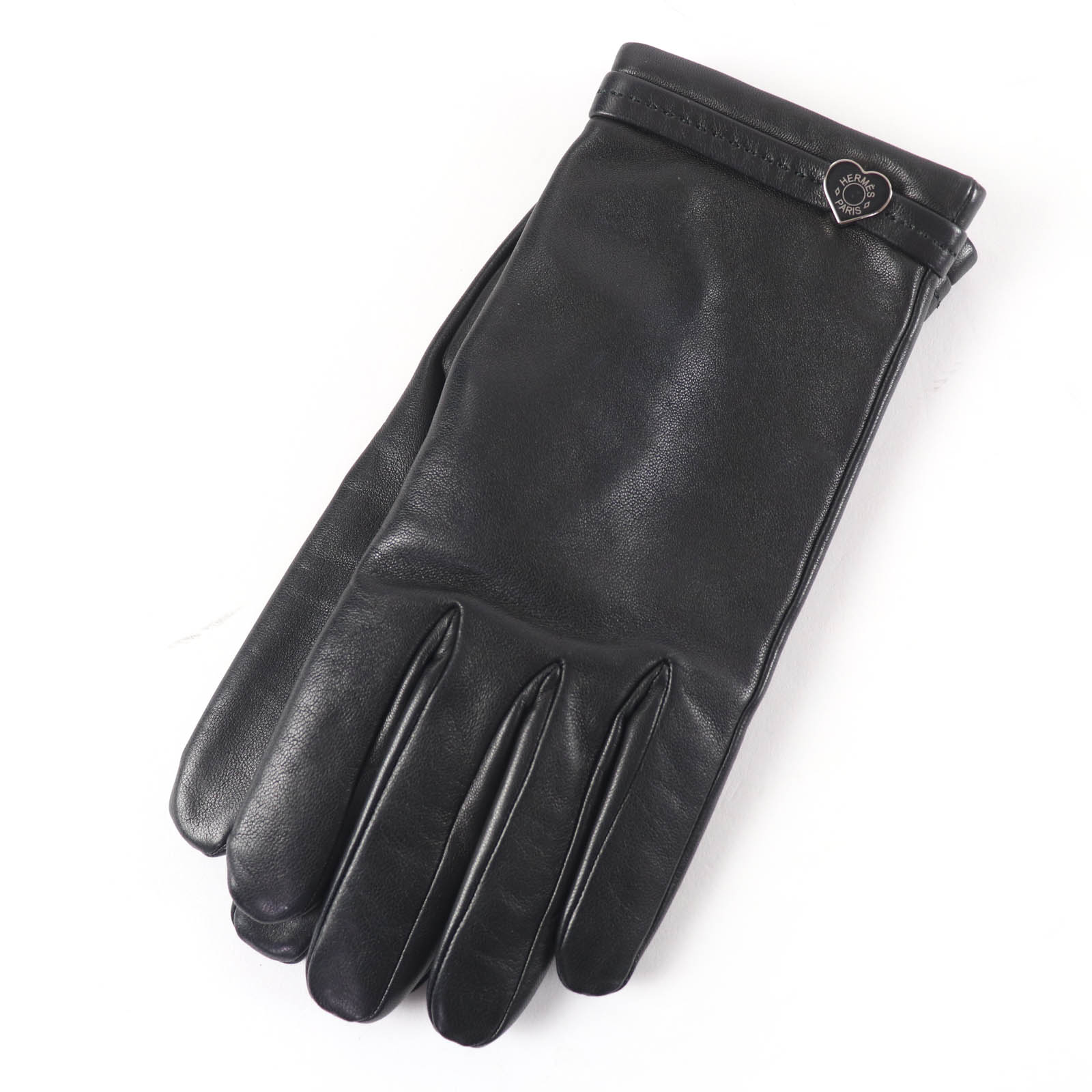 Great HERMES gloves Leather gloves with logo heart plate black Calf leather 7.5 Used
