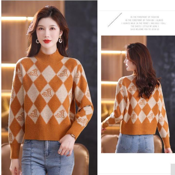 Fall/Winter Vintage Jacquard Sweater Women High Neck Knit Sweater Short Thick Loose Print Knitwear Top Jumper