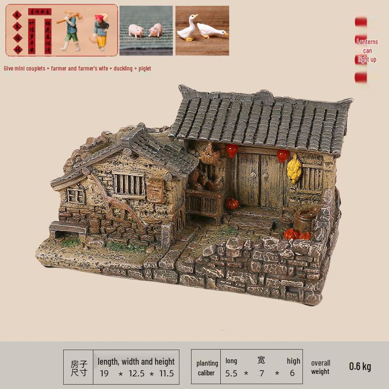 Retro Farmhouse Courtyard Miniature: Nostalgic Desktop Bonsai Decor for Living Room