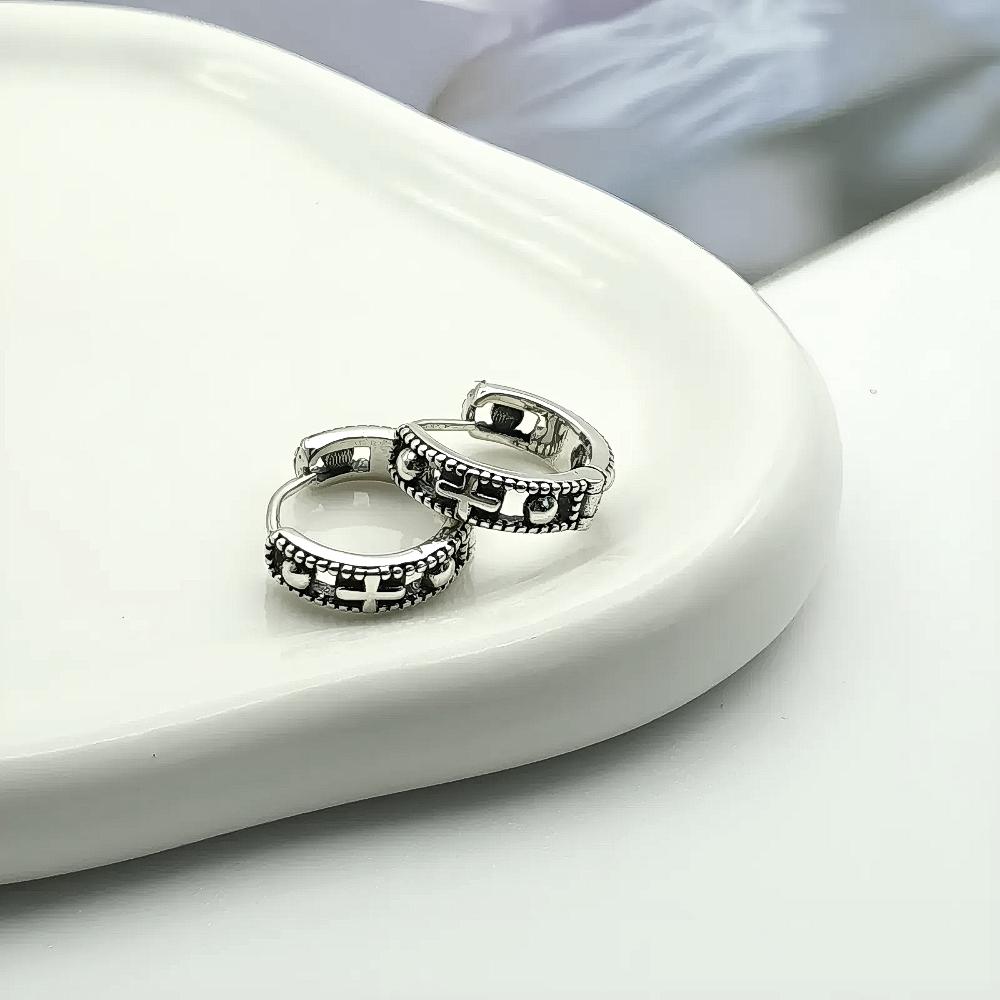 

S925 Silver Vintage Cross Antique Huggie Hoop Earrings · From Korea free срібний