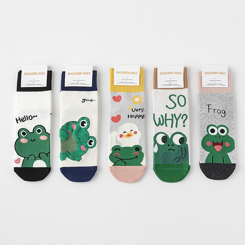 5 Pairs of Female Spring and Autumn Cartoon Green Frog Straight Plate Boneless Lovely Student Cotton Socks