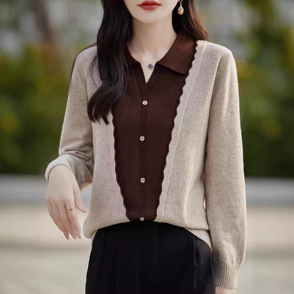 

Осенний цвет Collision Splicing вязаный свитер женский топ с лацканами весенний и осенний внешний тонкий свитер M бежевый